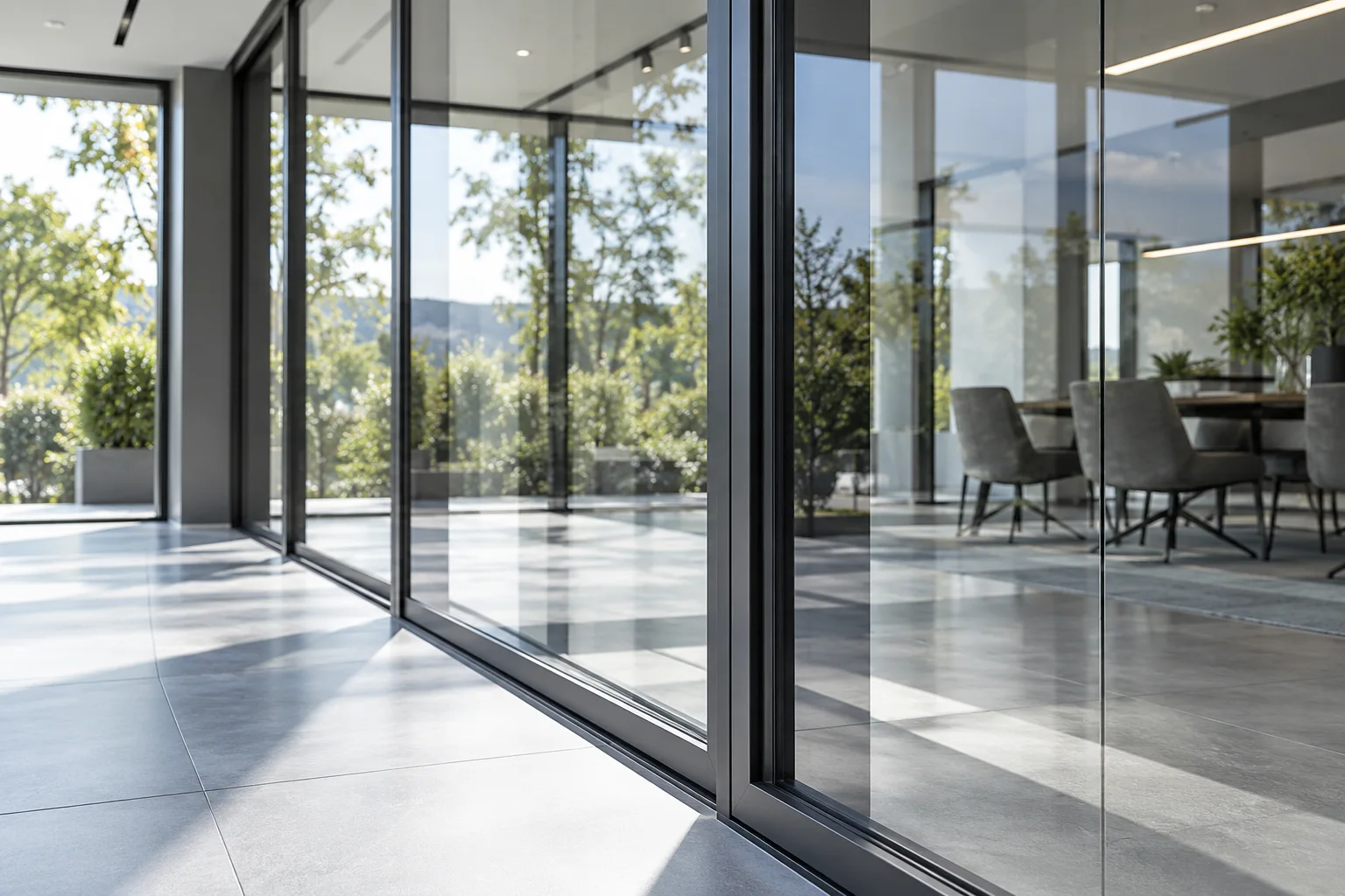 Glass partition used to illustrate the difference between hazy and clear glazing