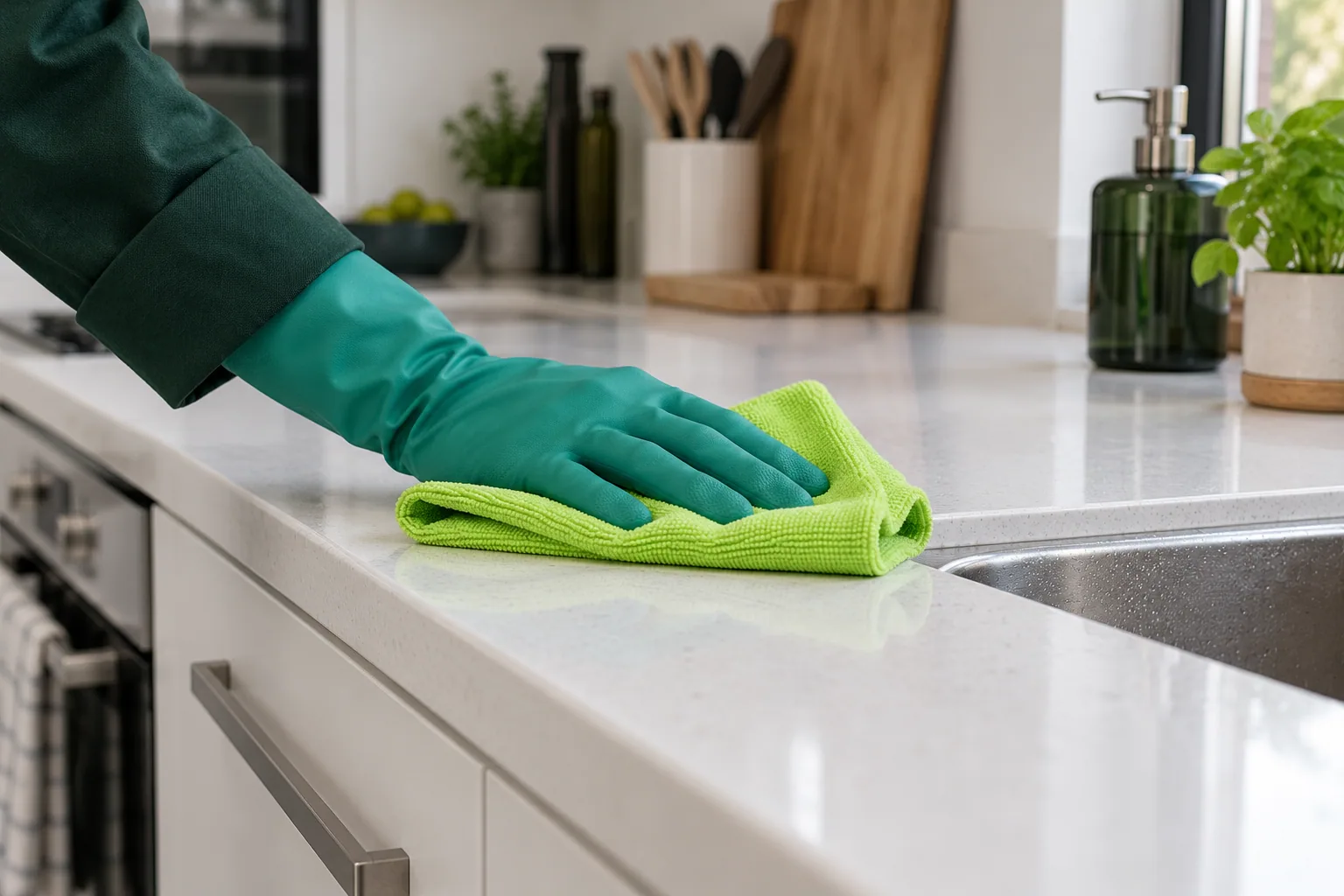 A kitchen worktop being wiped with a microfiber cloth