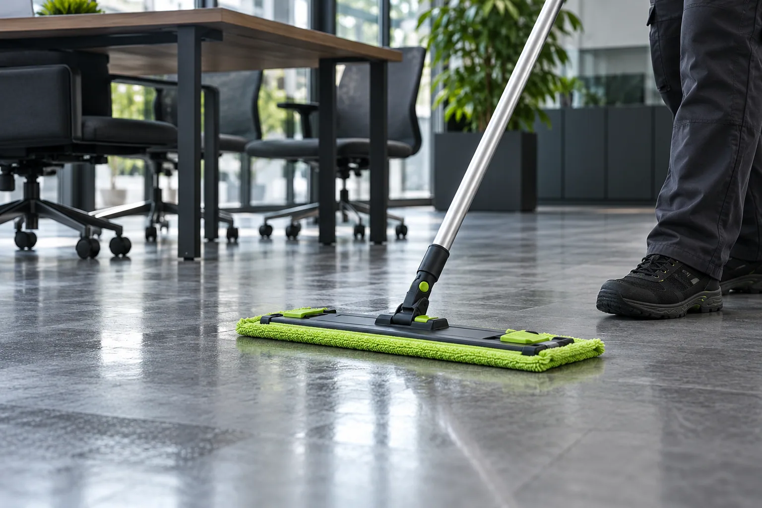 A flat mop used to maintain an office floor